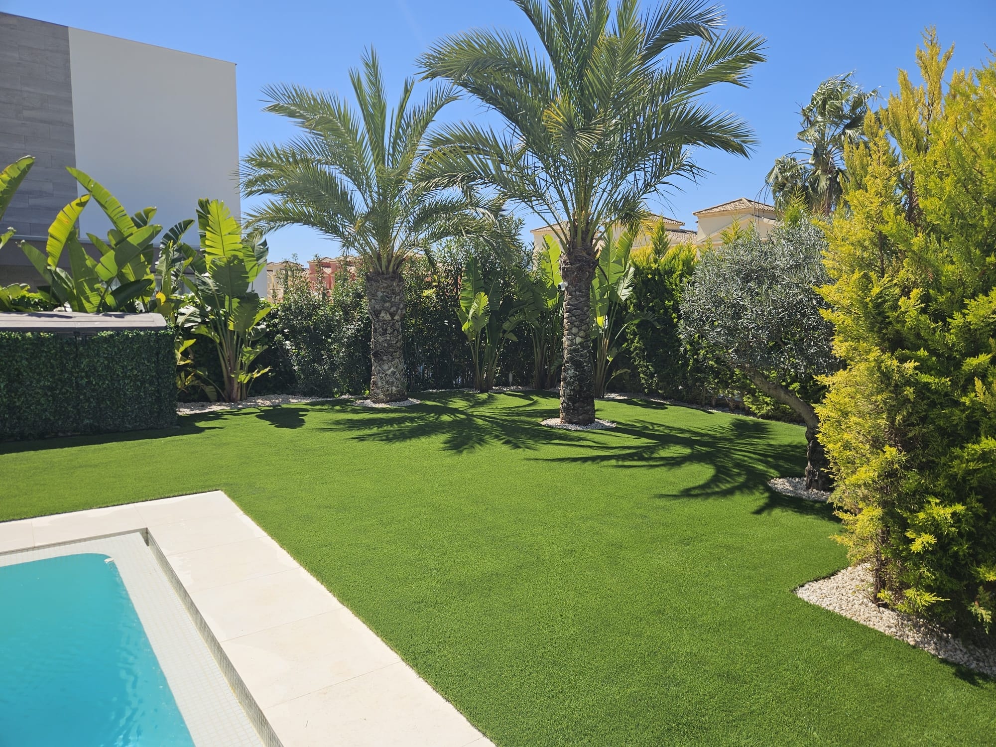Tropical garden with palm trees and pool artificial grass Costa Blanca